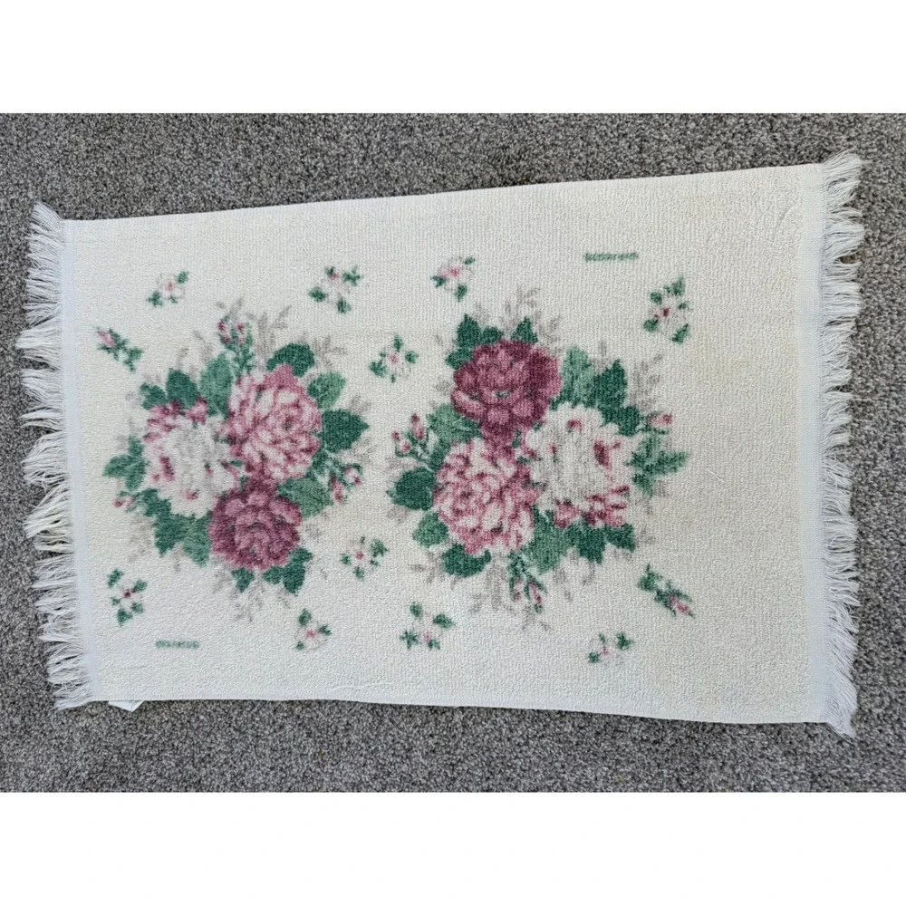 Vintage Franco Floral Rose Towel Set 4pc Pink Burgundy Fringe Made‎ in USA